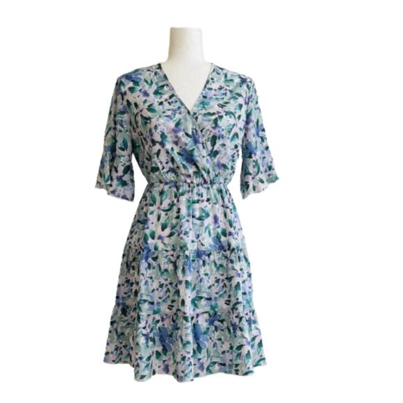 Anna-Kaci Dress Lavender Green Floral Flutter Short Sleeve Tiered Boho Small - Picture 1 of 15